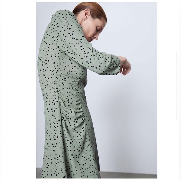 Zara Black Polka Dot V-Neck Long Sleeve Sage Mini Short Dress, Mint Green,Size S - Picture 4 of 15